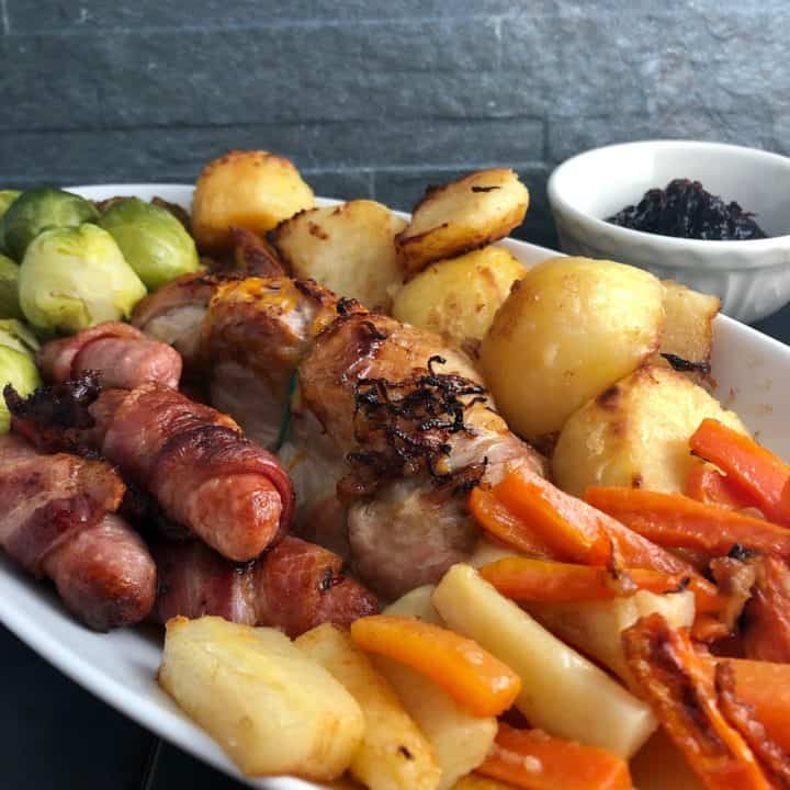 Christmas Dinner for 2 with cranberry sauce turkey pigs in blankets roast potatoes sprouts carrots parsnips