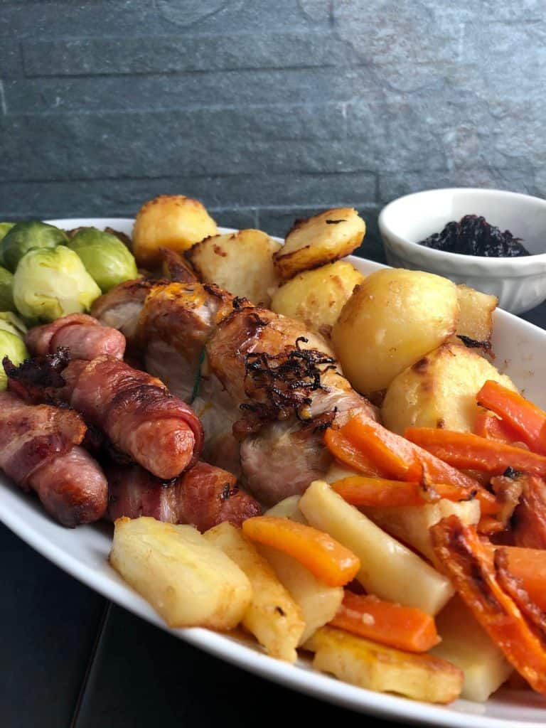 Christmas Dinner for 2 with cranberry sauce turkey pigs in blankets roast potatoes sprouts carrots parsnips