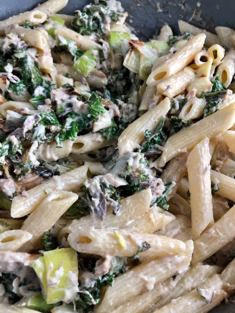 smoked mackerel kale leeks cream cheese stirred in with penne in pan