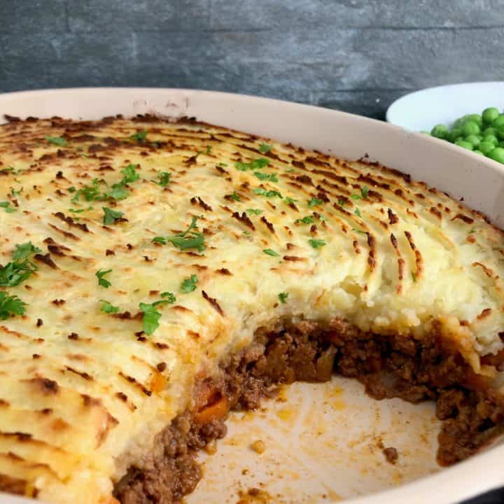 cottage pie cooked in dish showing meat filling