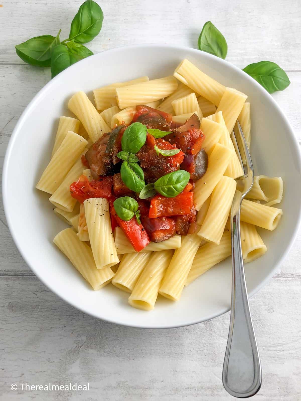 pasta sauce served over rigatoni with fresh basil leaves