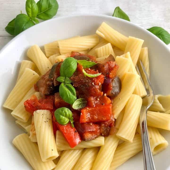 tomato pasta sauce served over rigatoni with fresh basil leaves