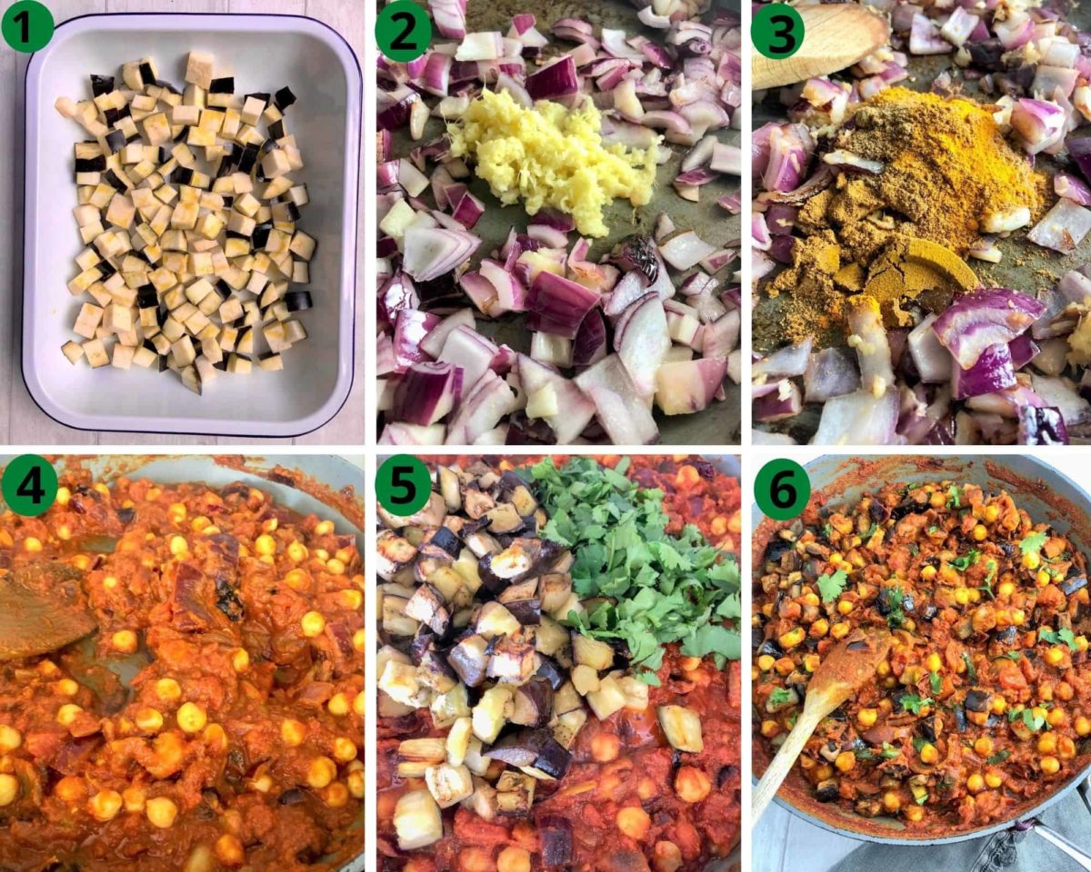 instruction images for aubergine and chickpea curry 1. cubed aubergines in tray 2. onion garlic and ginger in pan 3. spices added to pan. 4. tinned tomatoes and chickpeas added 5. roasted aubergine and fresh corainder leaves added 6. stirred together in pan