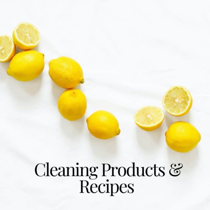 fresh lemons on white background with text overlay cleaning products and recipes