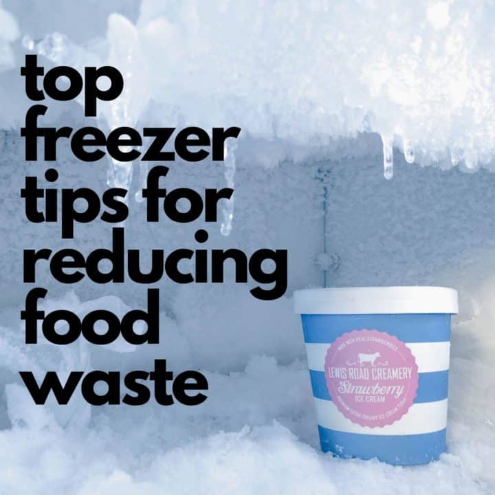 icy freezer in single pot of ice cream and text overlay top freezer tips for reducing food waste