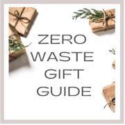 zero waste gift guide text over small parcels wrapped brown paper and string