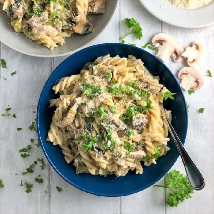 bowl of chicken pasta in creamy white wine sauce with mushrooms and leeks topped with fresh parsley and parmesan