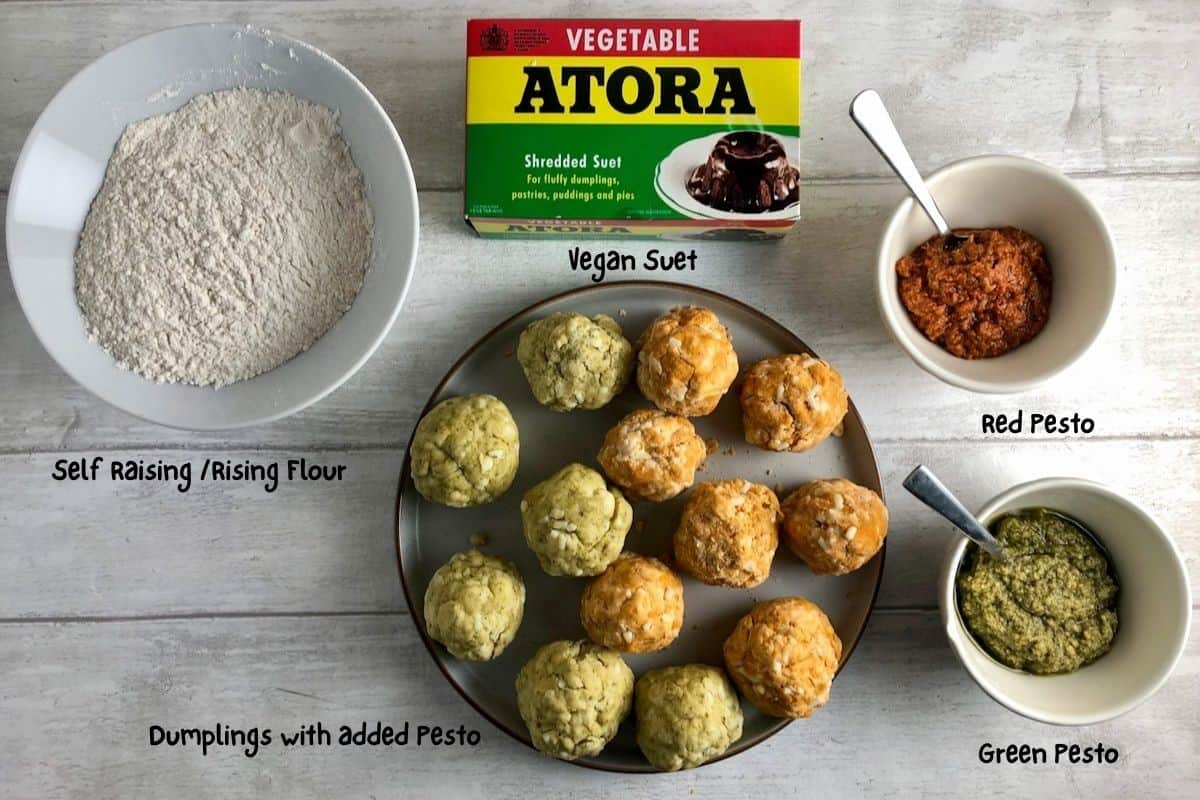 labelled image with ingredients for vegan dumplings with added pesto.