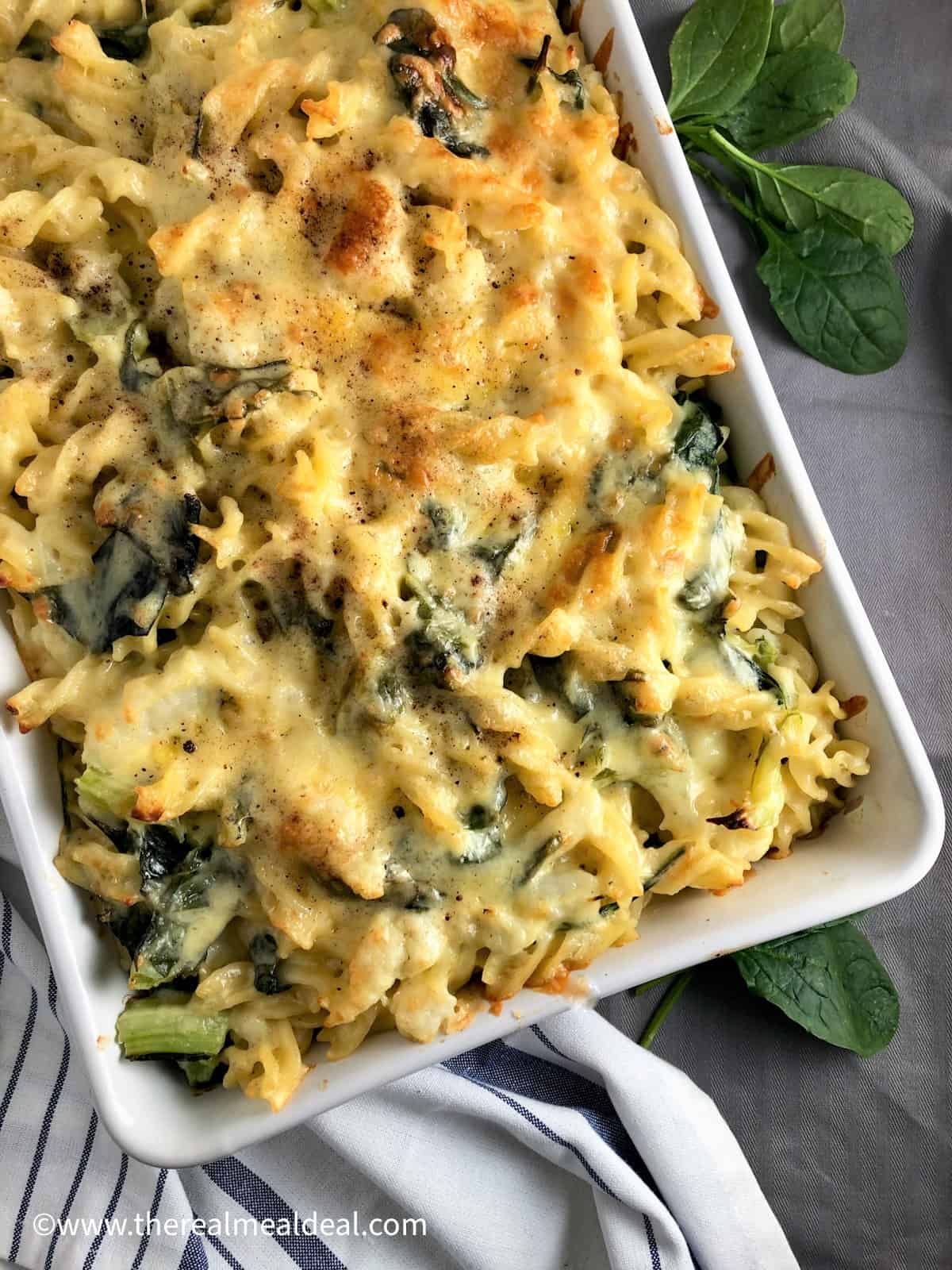 pasta bake with cauliflower cheese and spinach in dish just out of the oven