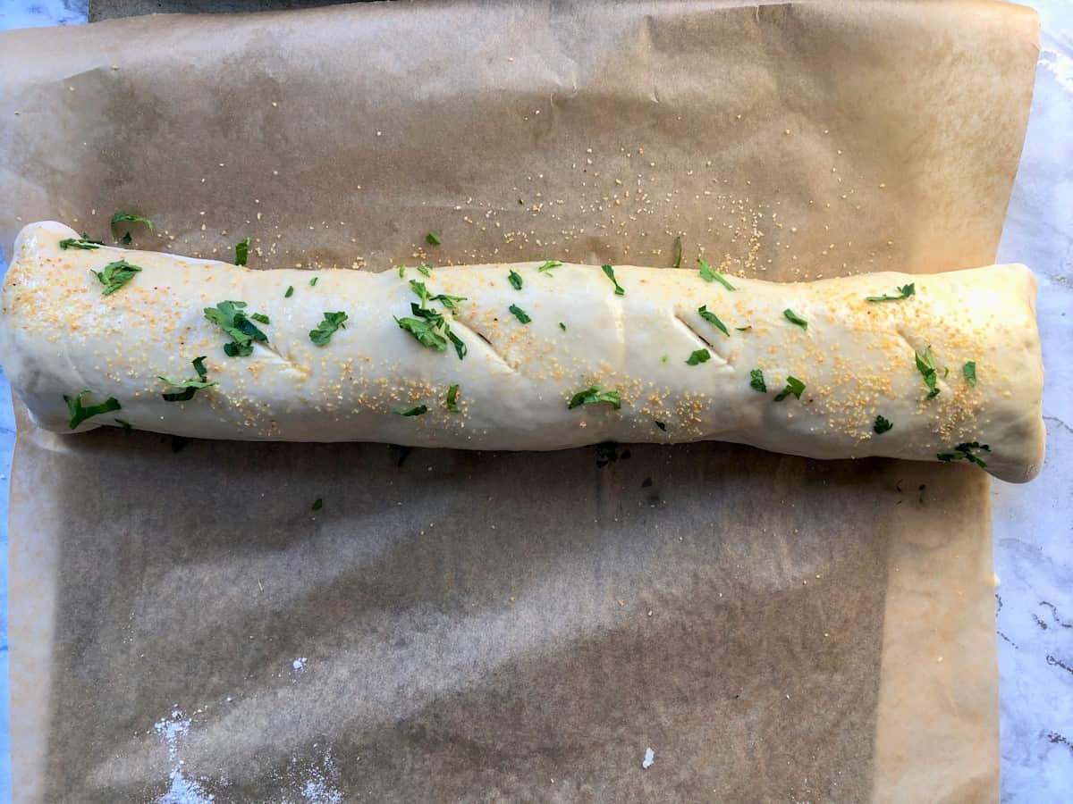 stromboli rolled and ready for the oven