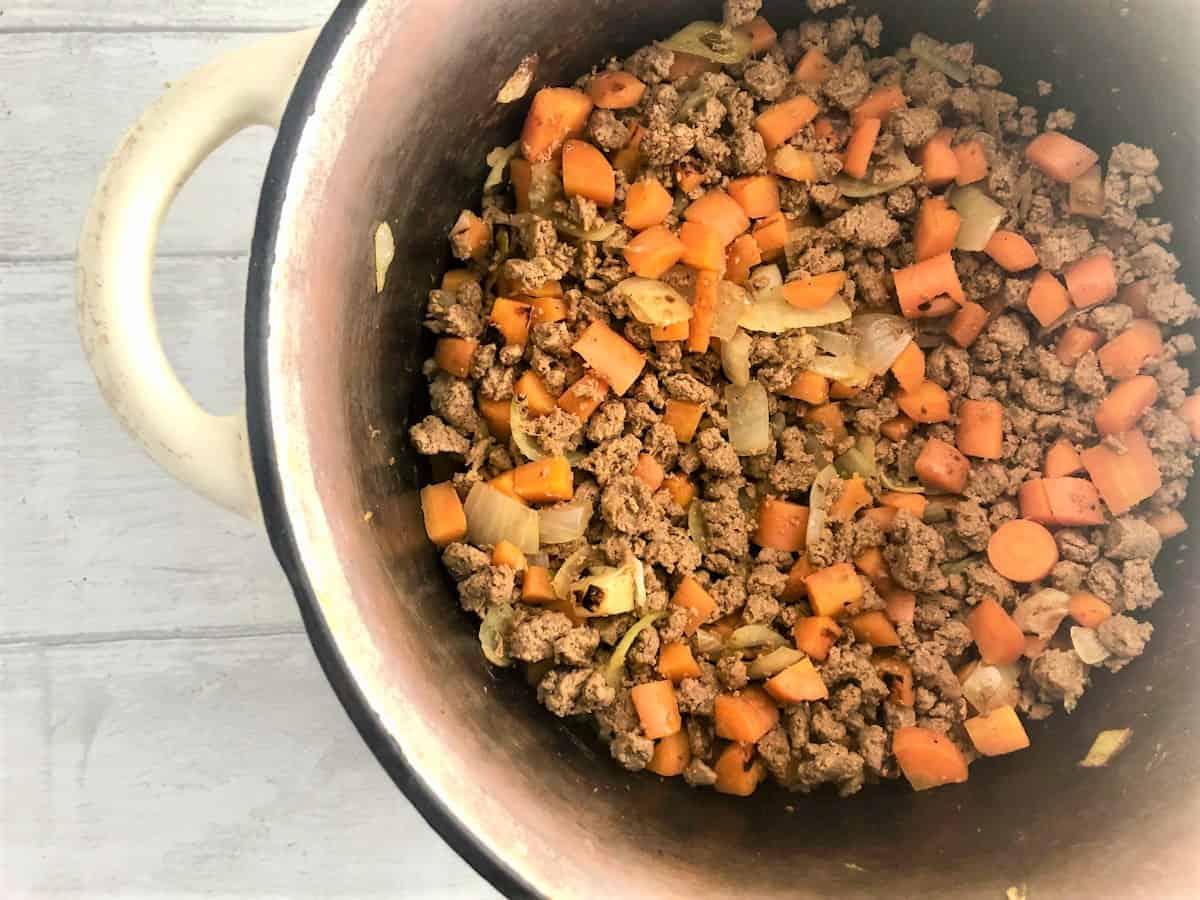 quorn mince added to onions and carrots