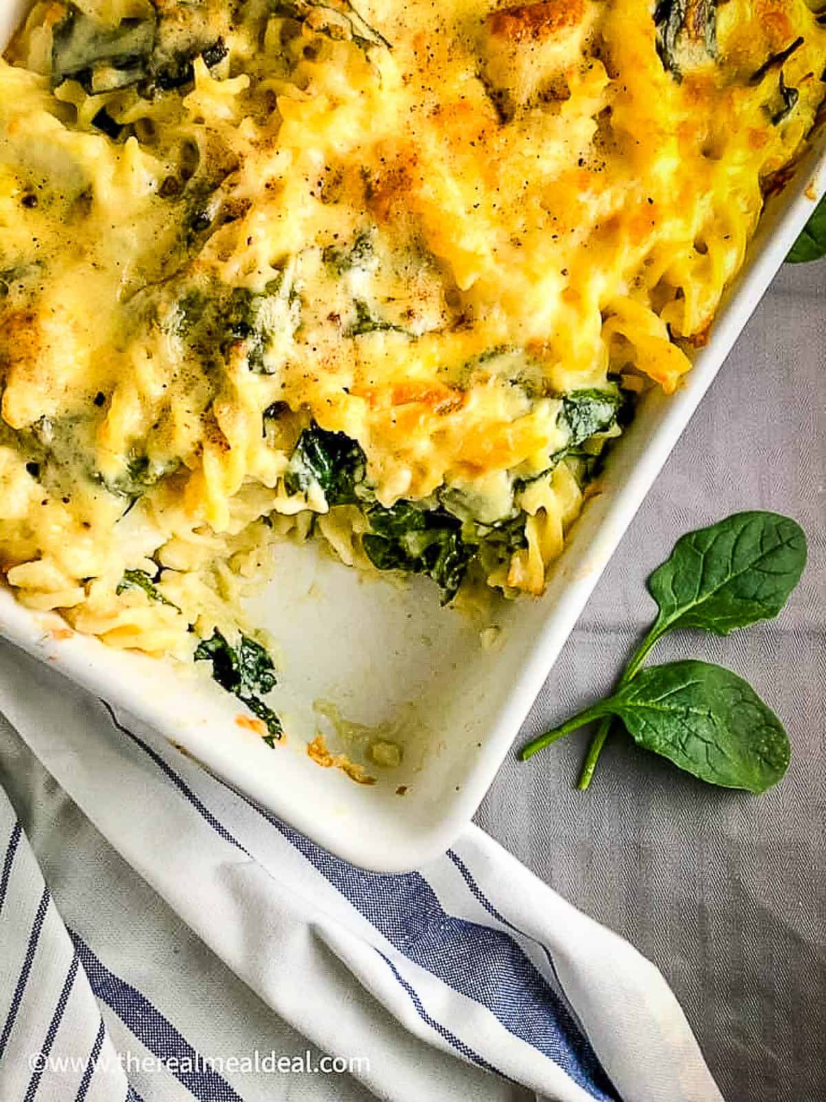 cauliflower cheese pasta bake with spinach in tray portion removed