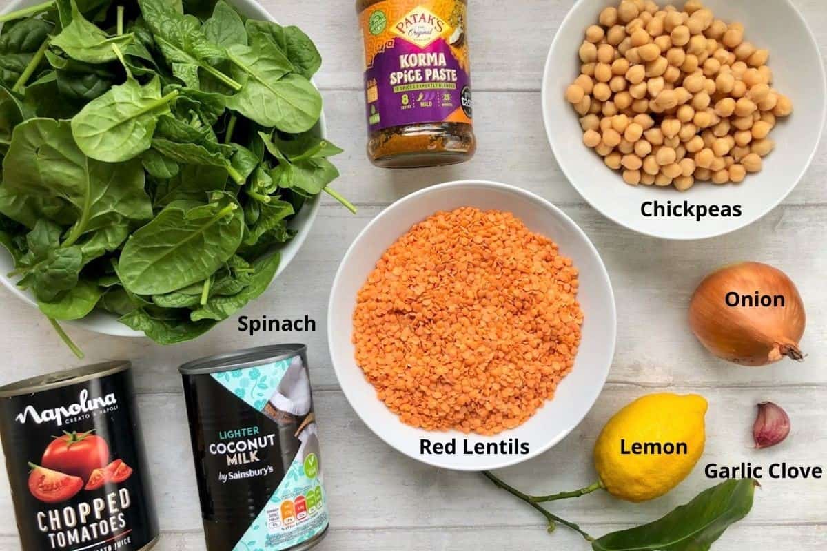 labelled ingredients image for chickpea and lentil curry.