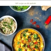 pinterest image for fish korma showing finished dish in bowl with side of rice.