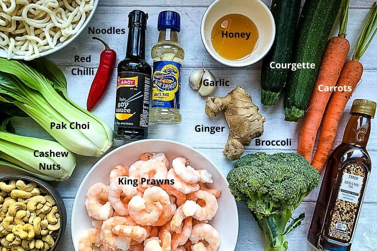 labelled ingredients for prawn stir fry with noodles