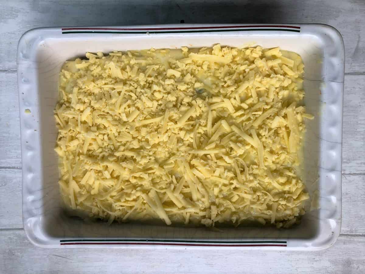 Quorn Lasagne grated cheese over top ready for oven bake