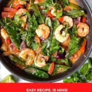 pinterest image for Thai Red Prawn Curry showing bowl of curry