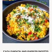 pinterest image of close up of bowl of chicken and chorizo risotto